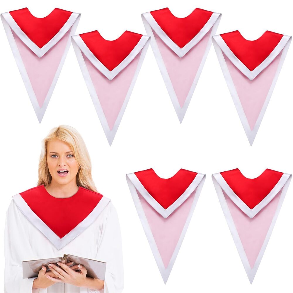 5237 6 Pcs Red V Neck Choir Stole with Border V Shape Stole Unisex Adult
